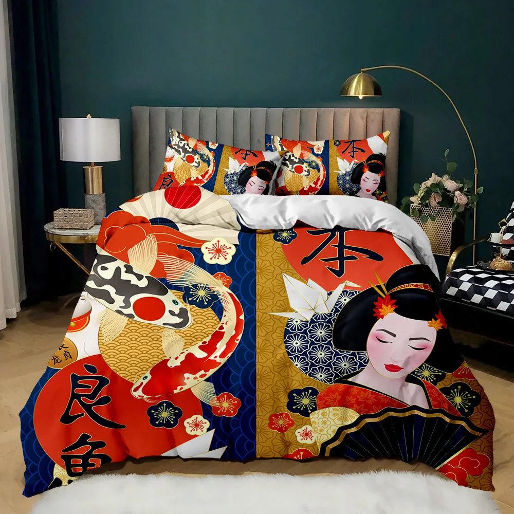 Japanese Style Bedding Set Traditional Kimono Motifs Comforter Cover Queen Tokyo Duvet Cover Geisha Japan Polyester Quilt Cover