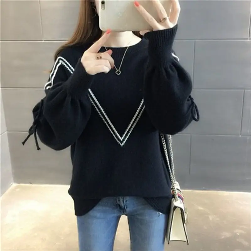 All-match Women\'s Clothing Round Neck Pullover Solid Color Sweater Knitted Long Sleeve Bandage Office Lady Vintage Sweet Tops