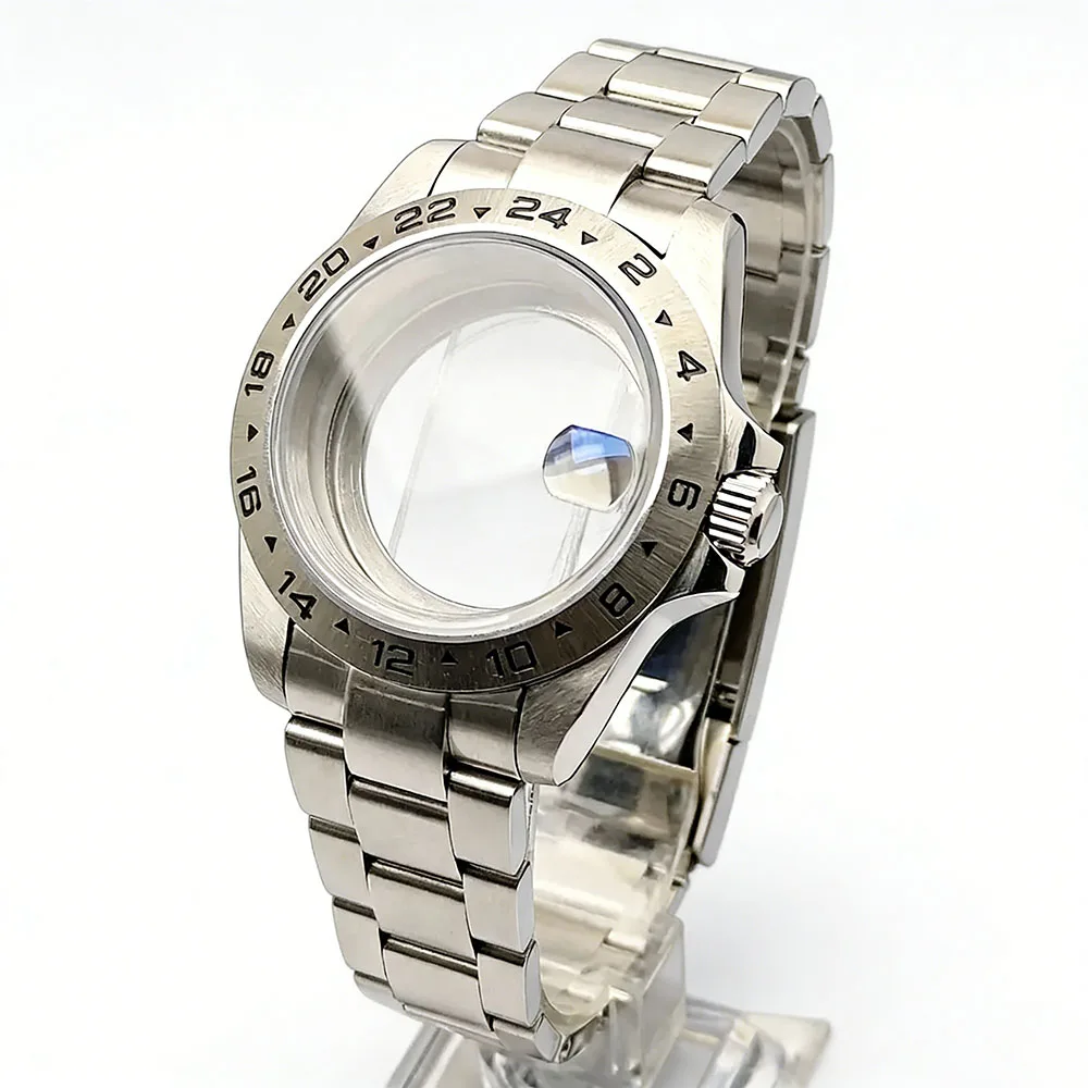 NH34 Explorer Case 39.5mm Watch Men's Silvery Full-body mirror FIT NH34 NH35 Movement Case Sapphire Glass Watch Box 28.5 Dial