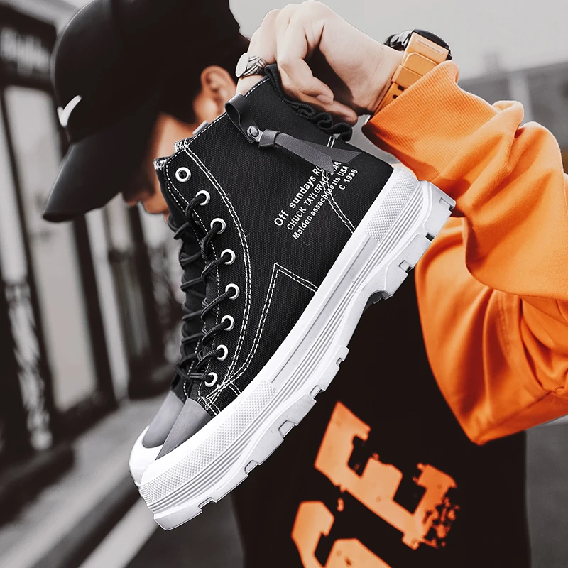Men Vulcanized Shoes 2023 British Style High Top Casual Sneakers Men Canvas Shoes Man Sports Skateboarding Shoes Fashion Male