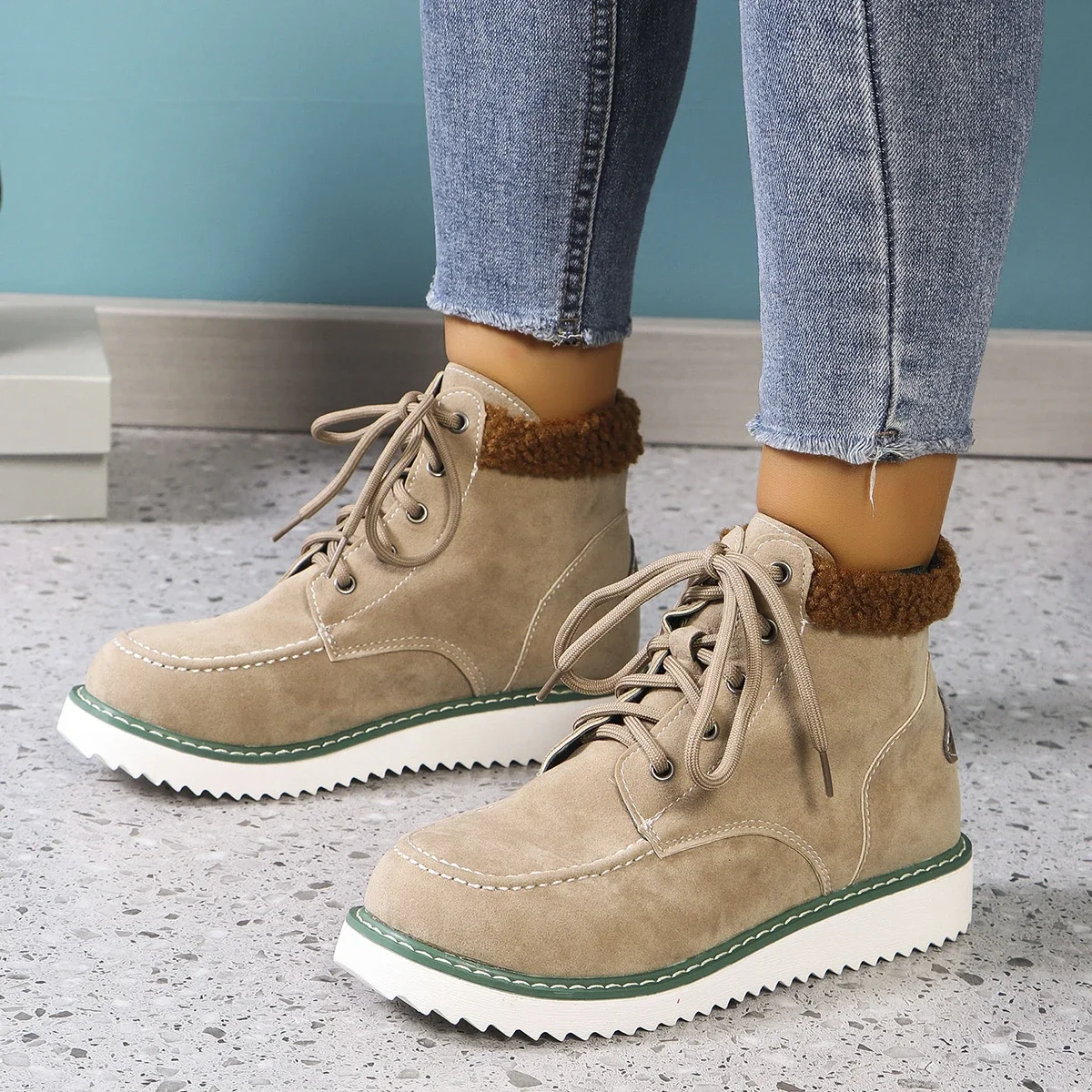 2024 Hot Sale Women Shoes Lace Up Women\'s Boots Winter Round Toe Solid Flock Warm Platform Water Proof Short Barrel Boots