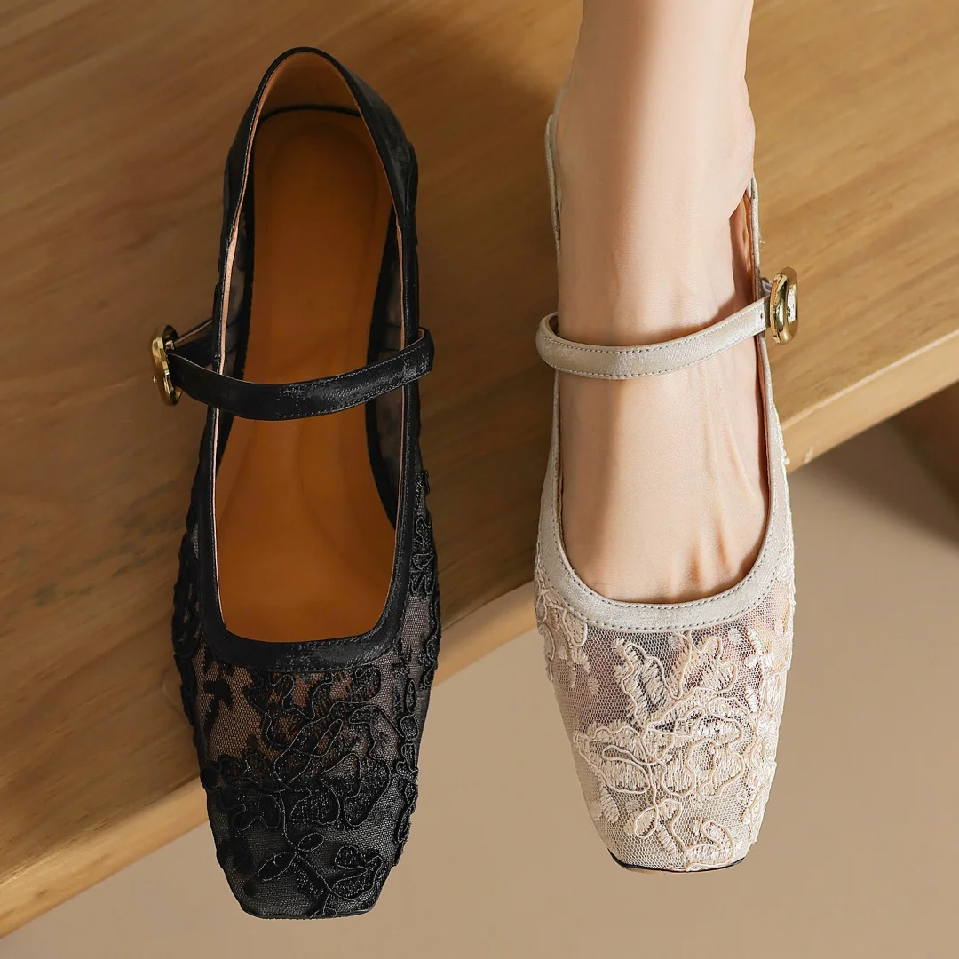 

Women's genuine leather lace patchwork metal buckle Mary Jane flats 2024 summer new breathable elegant ladies slim shoes women