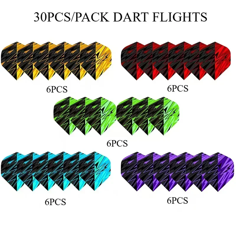 

30 Pcs Lightning Pattern Universal Dart Wing Set PE Standard Aircraft Mixed Colors 1.73 Inches X 1.42 Inches for All Players