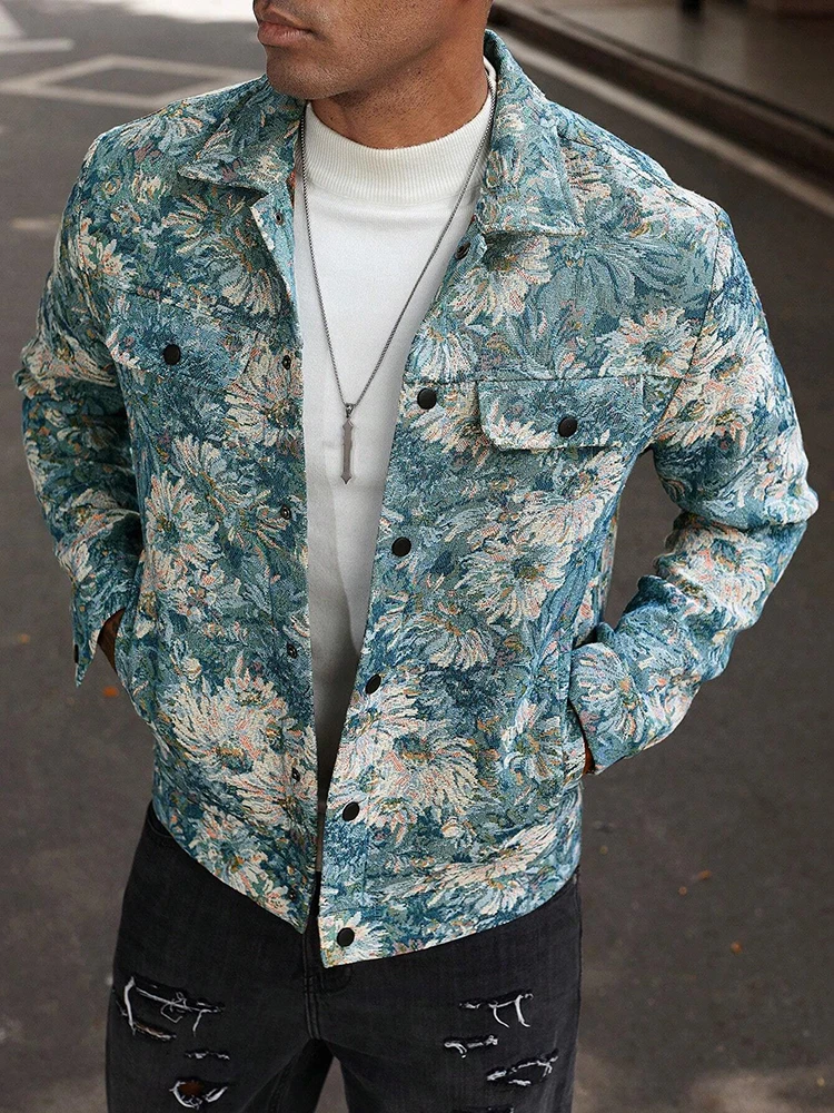 Vintage Florals Textured Jacket Coat Mens Autumn Casual Long Sleeve Slim Button-up Lapel Jackets For Men Fashion Cargo Coats
