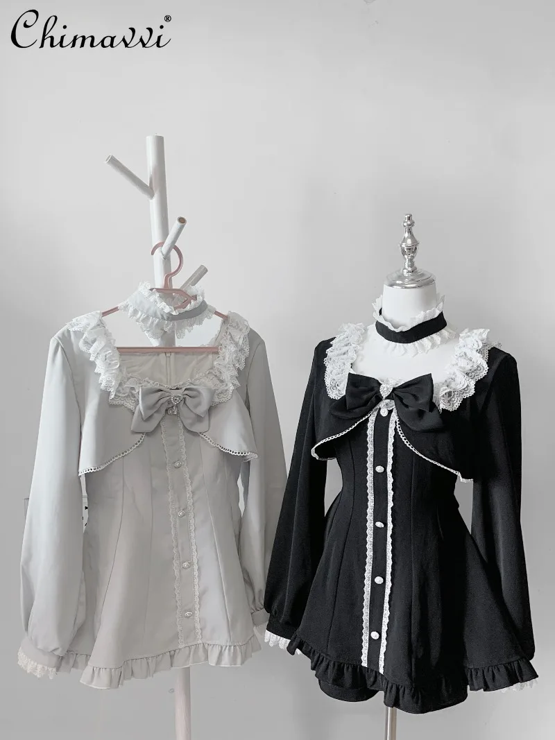 

Japanese Sweet Bow Lace Long Sleeve Slim-fit Top + Shorts Two-Piece Set 2025 Autumn Clothes Cute Princess Lolita Outfit