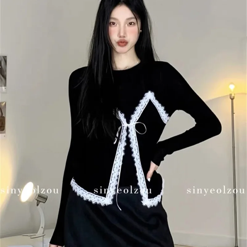 Autumn Winter Fashion Fake Two Pieces Lace Bow Knitted Tops Women's Clothing Slim O-neck Soft Elastic Sweaters