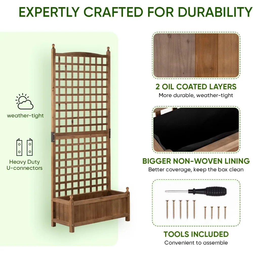 سرير حديقة مرتفع بطول 71 بوصة مع تعريشة، صندوق زراعة متين مطلي بالزيت للبستنة العمودية، بطانة غير منسوجة #3