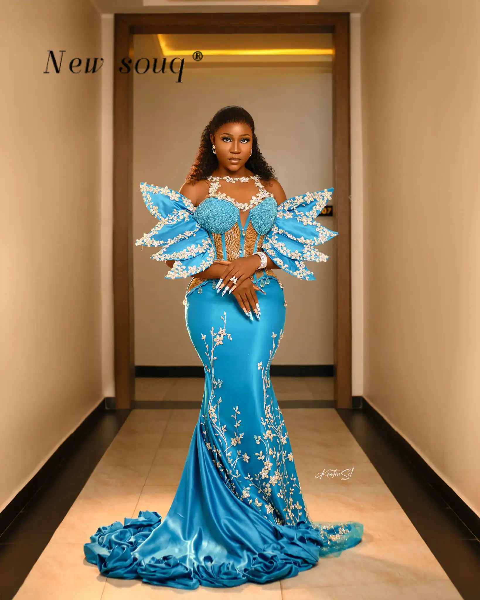 Aso Ebi Sky Blue Mermaid Satin Mermaid Evening Dresses African Plus Size Beaded Formal Party Second Reception Birthday Gowns