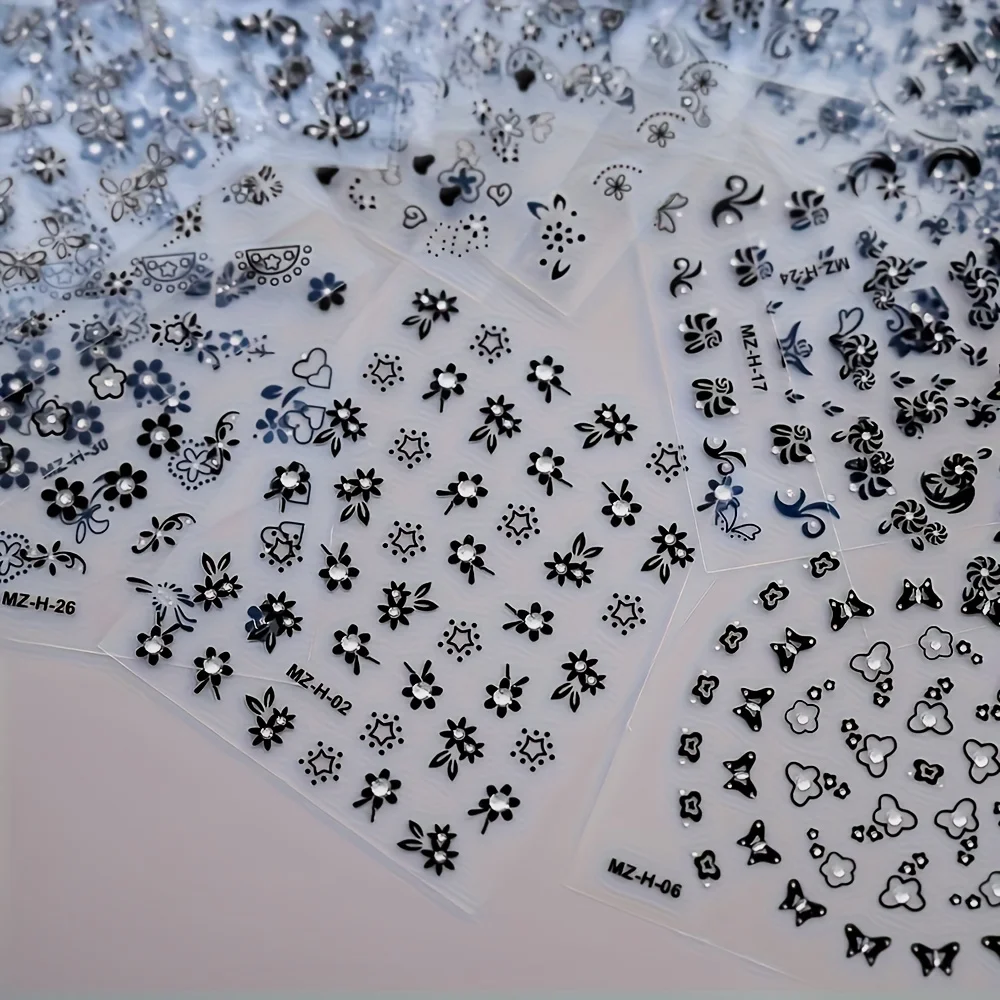 30-Sheet Black Flower Nail Stickers, Shimmer Finish, Glitter Embellishments, Irregular Shapes, Reusable Plastic Nail Art