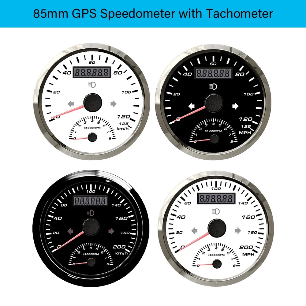 85mm GPS Speedometer 0-60km/h 125km/h 125MPH 200kmh 0-200MPH Tachometer Odometer with Turn Light GPS Antenna for Car Boat Yacht