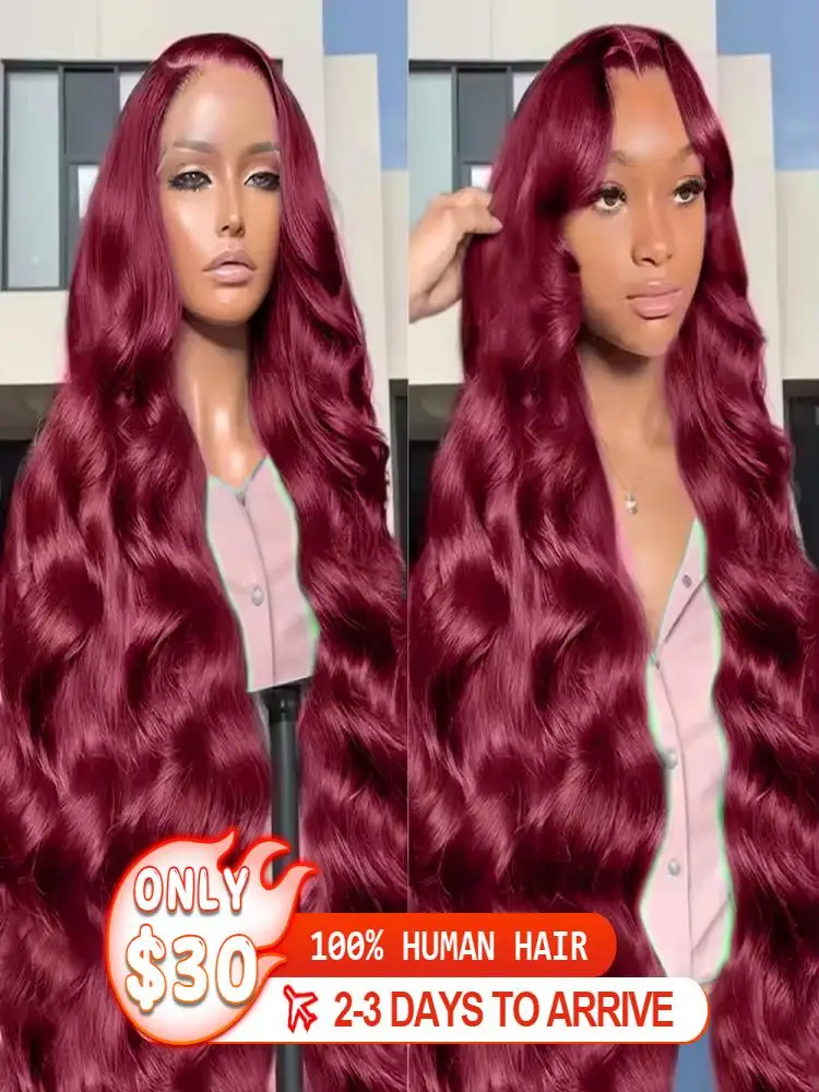 

99J Lace Front Wig 13x6 HD Body Wave Wig Burgundy 30Inch 250 Density Lace Frontal Wig Human Hair Pre Plucked For Women Brazilian