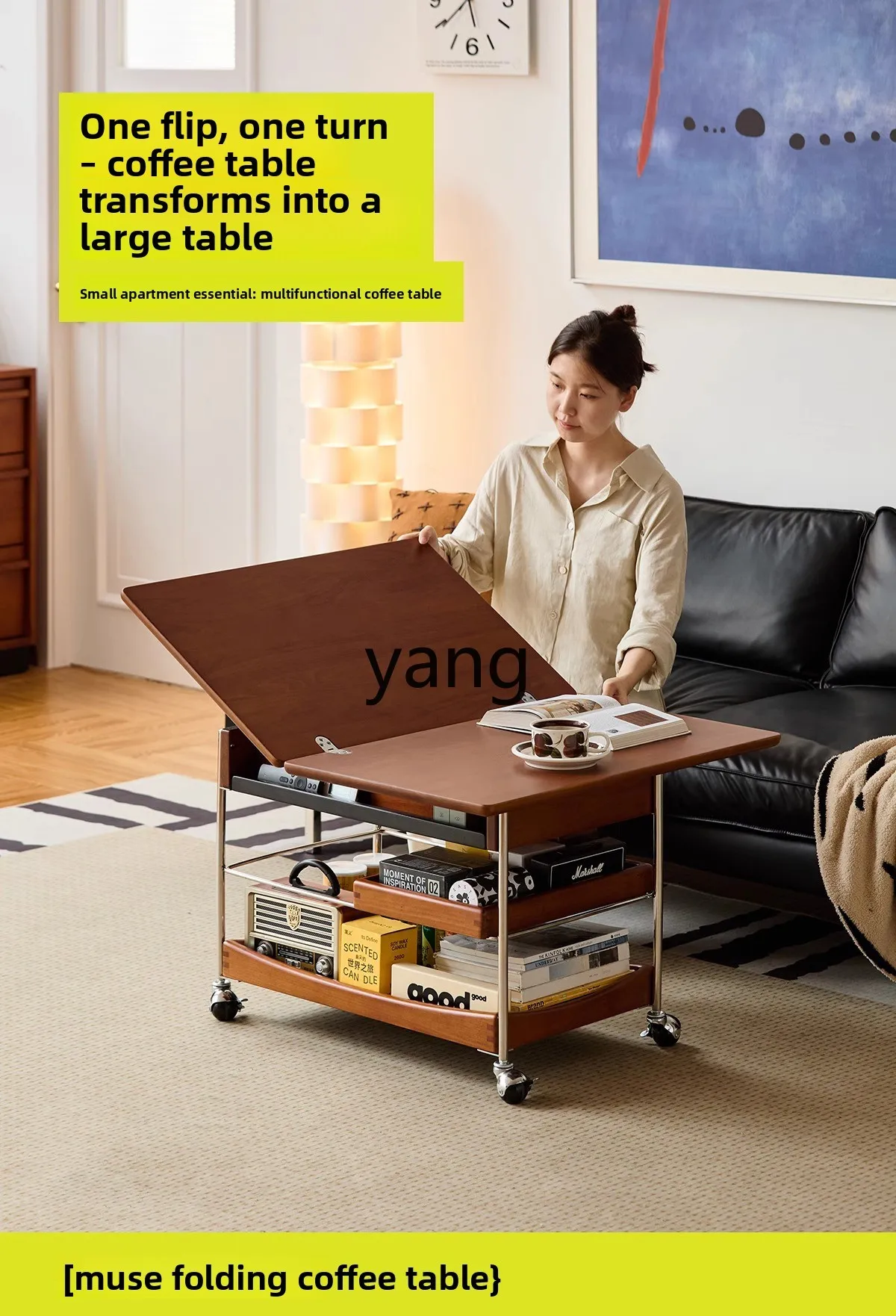 LH household small apartment solid wood medium and ancient style trolley foldable tea table movable side table