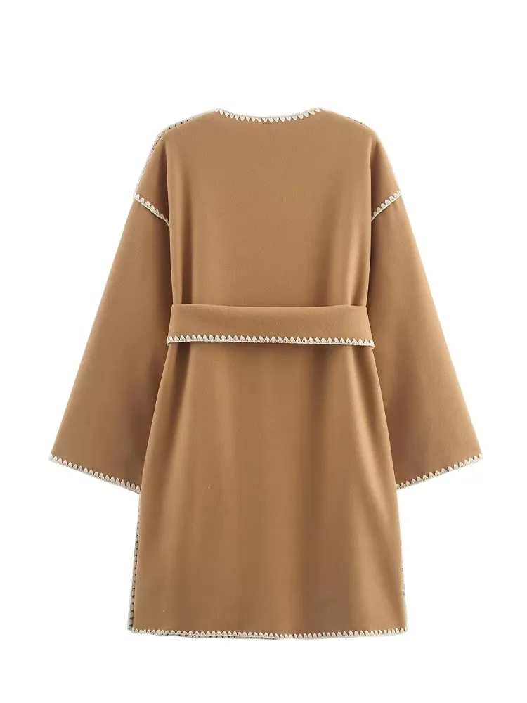 HH Giacca da donna versatile con scollo a V, cintura artigianale, giacca di lana, cappotto decorativo tascabile casual da strada autunnale femminile