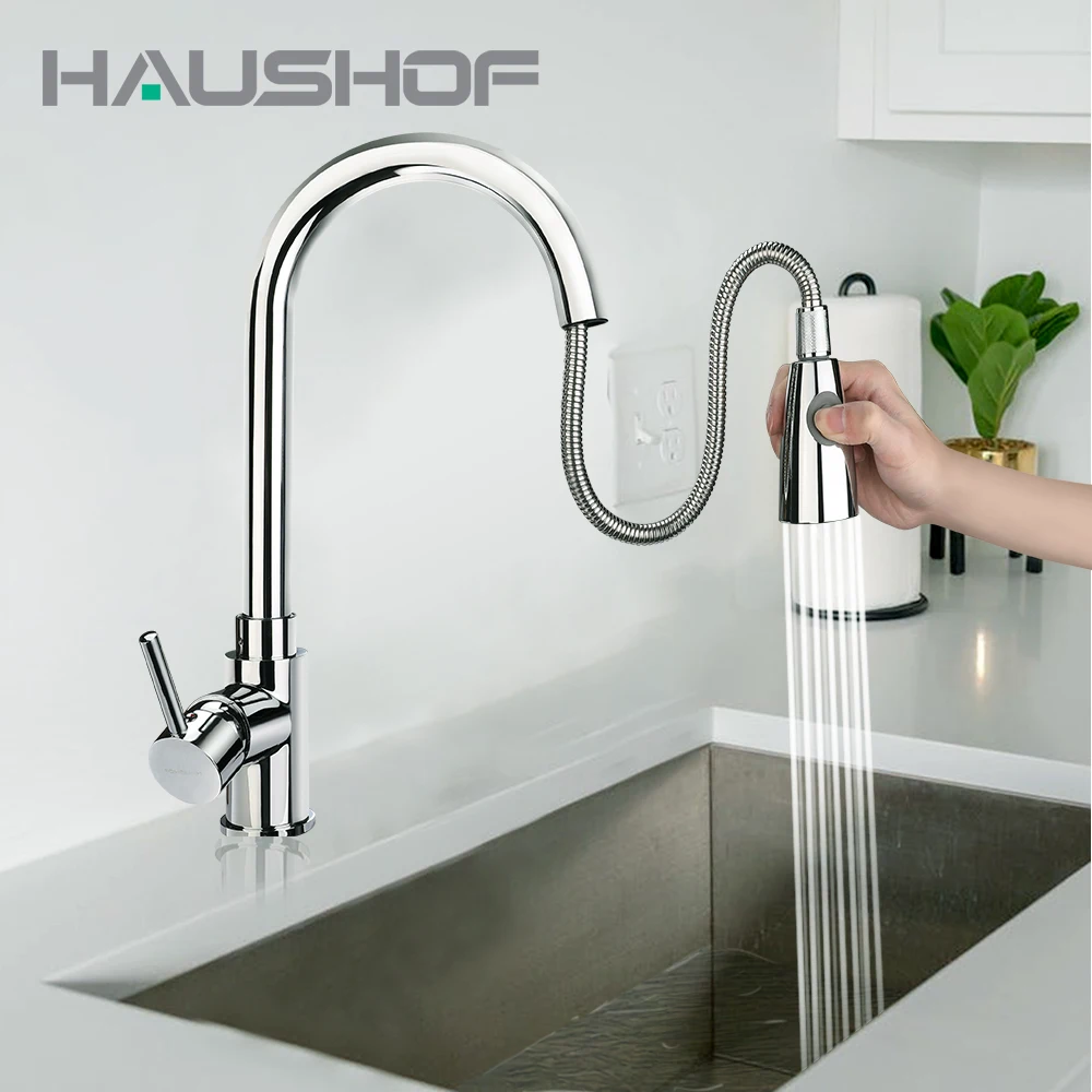 

HAUSHOF Pull Out Chrome Kitchen Faucet Stainless Steel Kitchen Faucet Faucets Sprayer Kitchen Sink Faucet Deck Mount