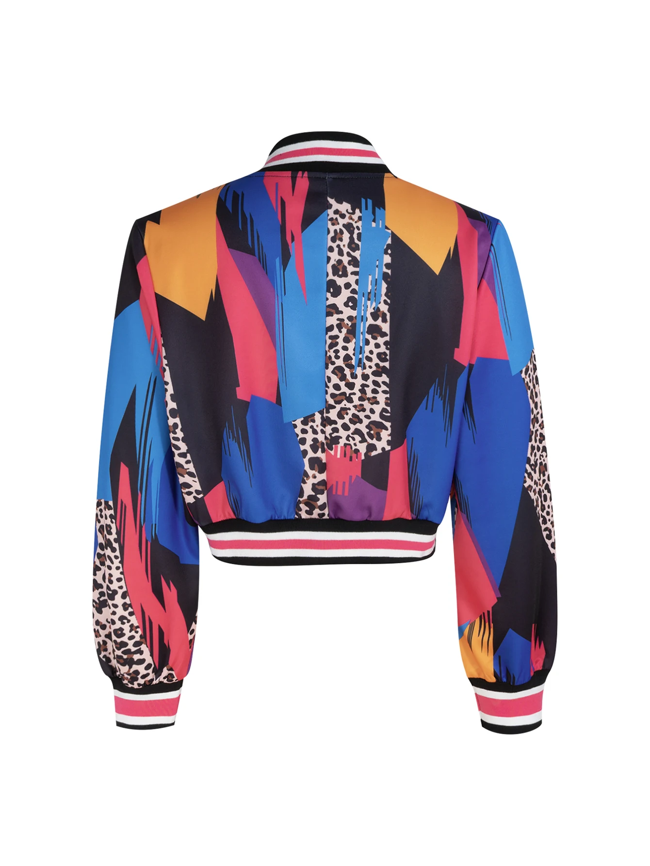 Damen-Bomberjacke im Varsity-Stil mit Leopardenmuster, für Schul- und Streetwear, Herbst, kurz geschnitten, lange Ärmel, mit Knöpfen, Stehkragen, kurzer Mantel – Detail 5
