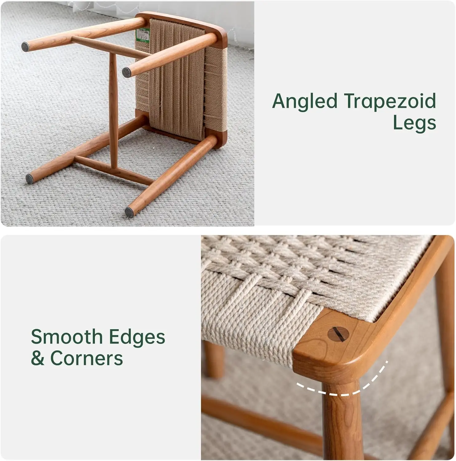 솔리드 오크 팜하우스 현관 스툴, 로프 직조 벤치 시트, 나무 발판(내추럴, 11.8' D x 13.8' W x 17.7' H)