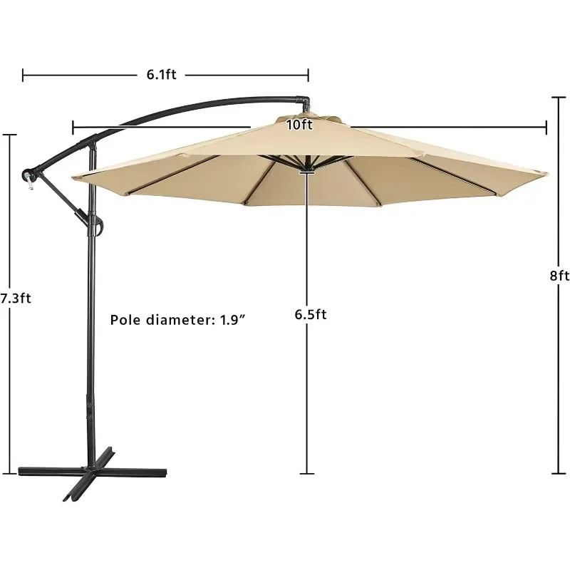 10FT Patio Offset Umbrella - Cantilever Hanging Outdoor Umbrellas w/UV Protection & 8 Ribs & Handy Crank & Cross Base