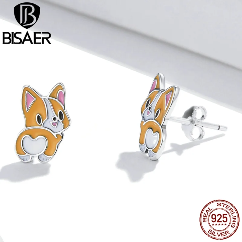 BISAER Real 925 Sterling Silver Cute Corgi Open Ring Pet Animal Stud Earrings Enamel for Women Party Fine Jewelry Set Gift