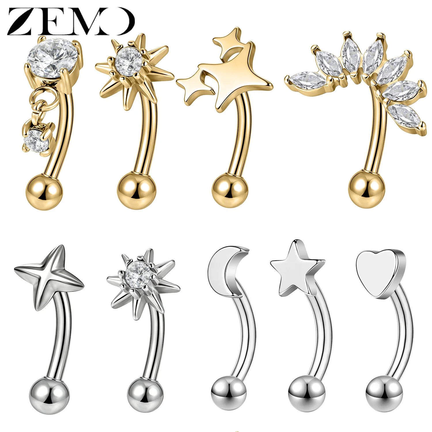 ZEMO 1 Stück Edelstahl Augenbrauenpiercing CZ 16G Innengewinde Stern Augenbrauenring Gebogener Barbell Daith Ohrstecker Schmuck 8MM