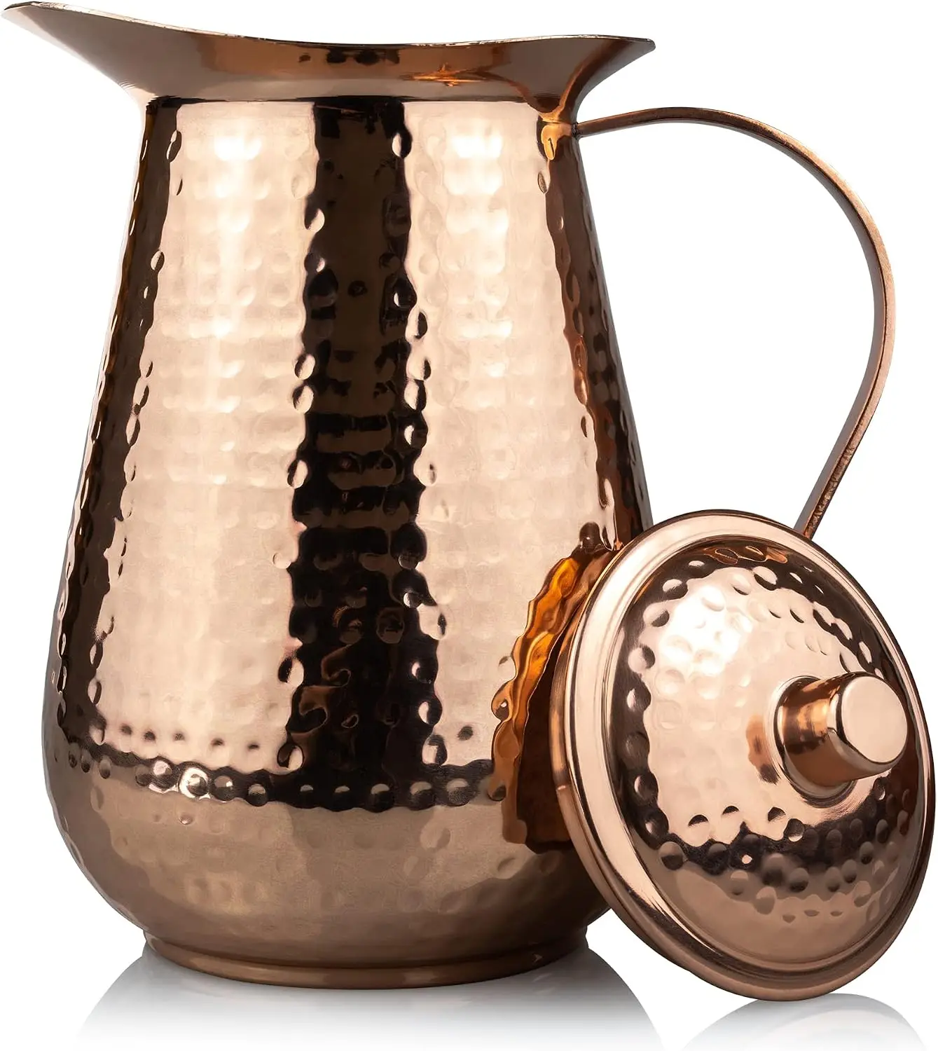 Copper Pitcher With Lid - 68 Oz - Drink More Water, Lower Your Sugar Intake And Enjoy The Health Benefits - Pure Copper Handmade Hammered Jug, The Best Bedside Carafe - Heavy Gauge