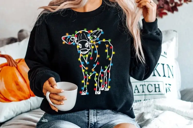 Christmas Cow Lights Women's Country Sweatshirt for Her Women Mom Gift Fashion Long Sleeve Tops Shirts Casual y2k Drop Shipping