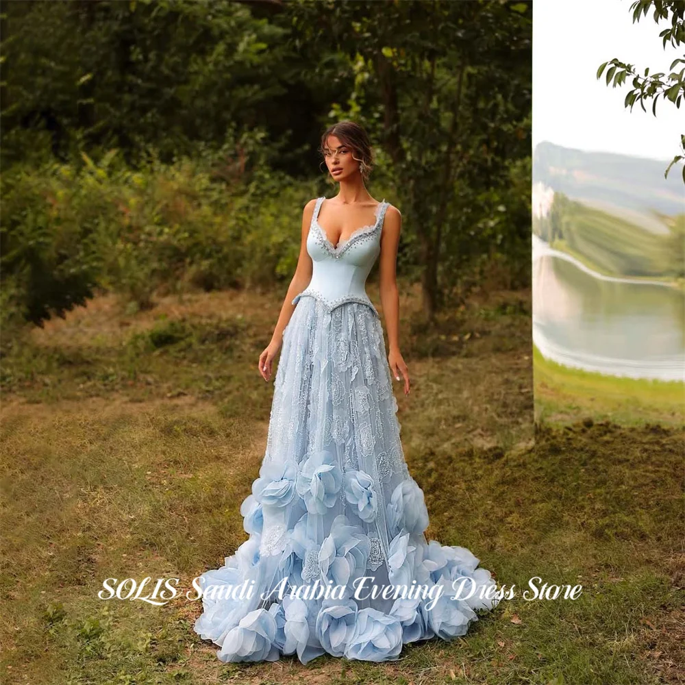 SOLIS Sky Blue Evening Dress Spaghetti Strap Formal Gown Beading On Chest Night Dress Embroidery Flowers Prom Dresses Customized