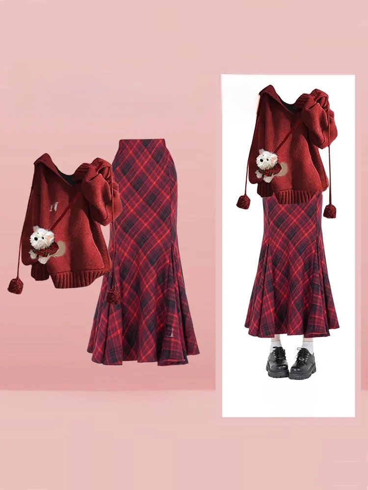

Fall Aosphere Vintage Women's Loose Hooded Knitwear Plaid Fi Tail Skirt Two-Piece Set Long Sve Retro Sle