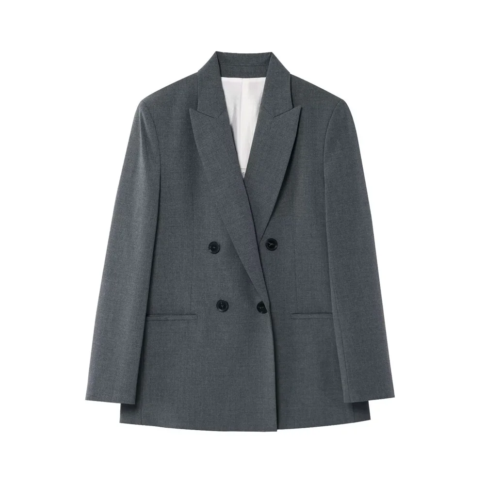 PB&ZA 2025 سترة نسائية مزدوجة الصدر وبنطلون واسع الساق باللونين الأسود والرمادي ملابس رسمية كلاسيكية أنيقة للمكتب