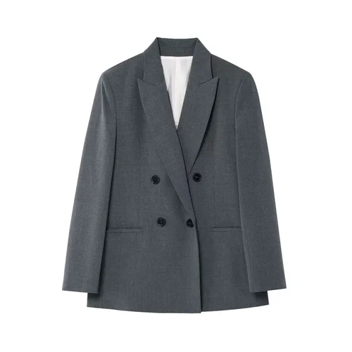 Imagen 2 del producto PB&ZA 2025 Conjunto de chaqueta cruzada y pantalones de pierna ancha para mujer en negro y gris Ropa formal de oficina clásica y elegante