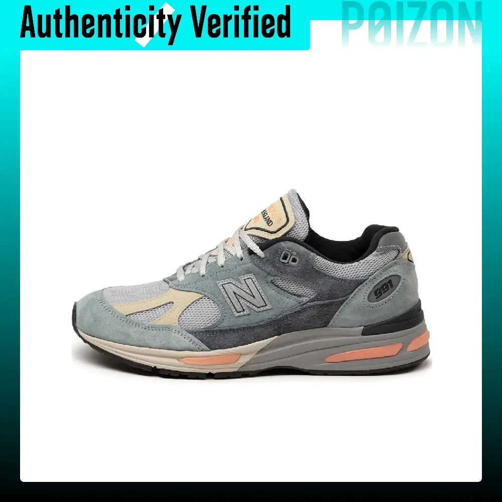 New Balance NB 991 V2 Round Tip Low top Tan Leather Tongue Of The Shoe Label, Gray Mesh Running Shoes Men's Gray Blue U991SG2