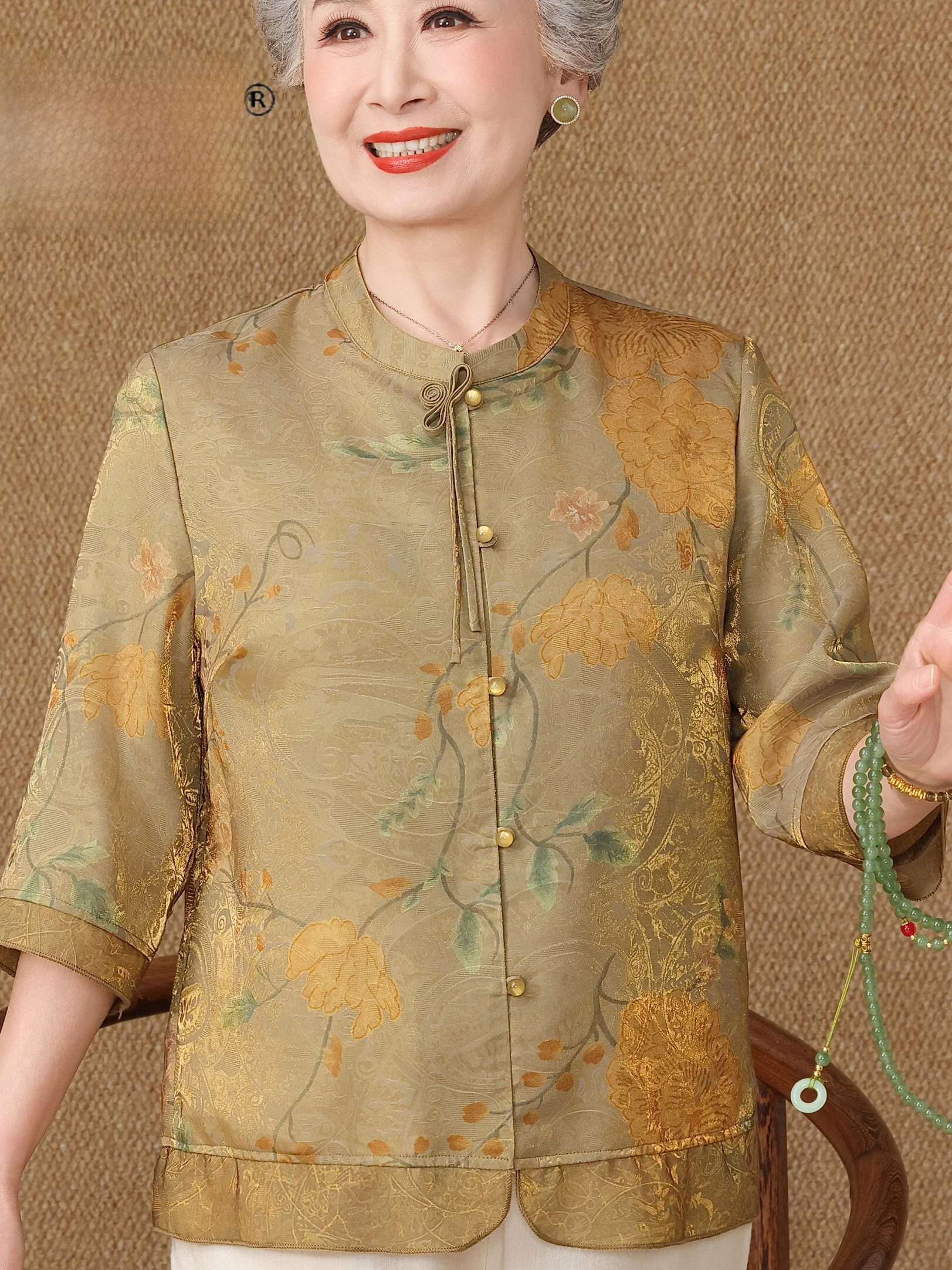 

Floral Print Stand Collar Shirt Women's Mid-aged Mommy High-end Top New Chinese Style Thin Summer Fashion Loose Fit Breathable