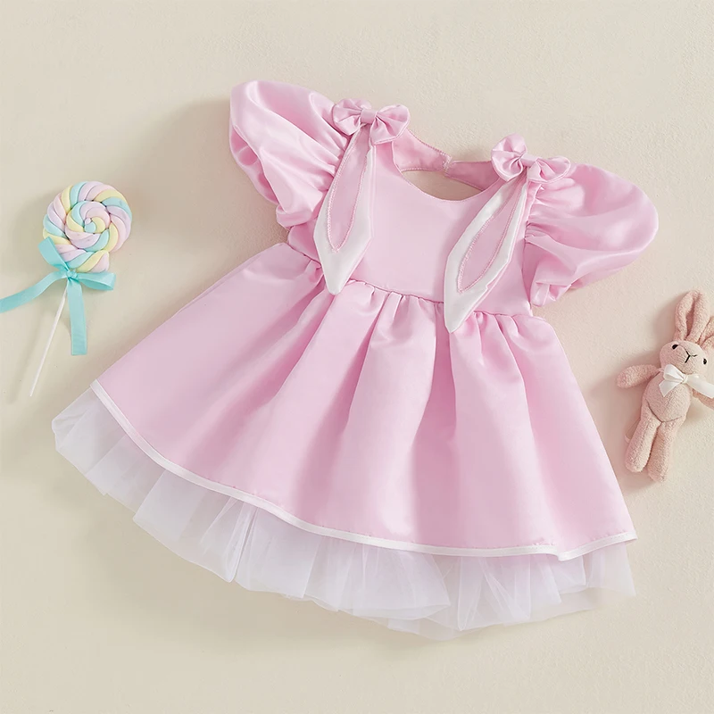 Tregren 1-5Y Kids Girls Easter Dress Cute Puff Sleeve Crew Neck Bow Bunny Ears Toddler Infant Summer A-Line Princess Dress