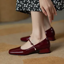 Women Low Heeled Shoe with Strap Mary Jane Women Shoes Wine Red Square Toe Small Leather Shoe Shallow Mouth Thick Heels Shoes