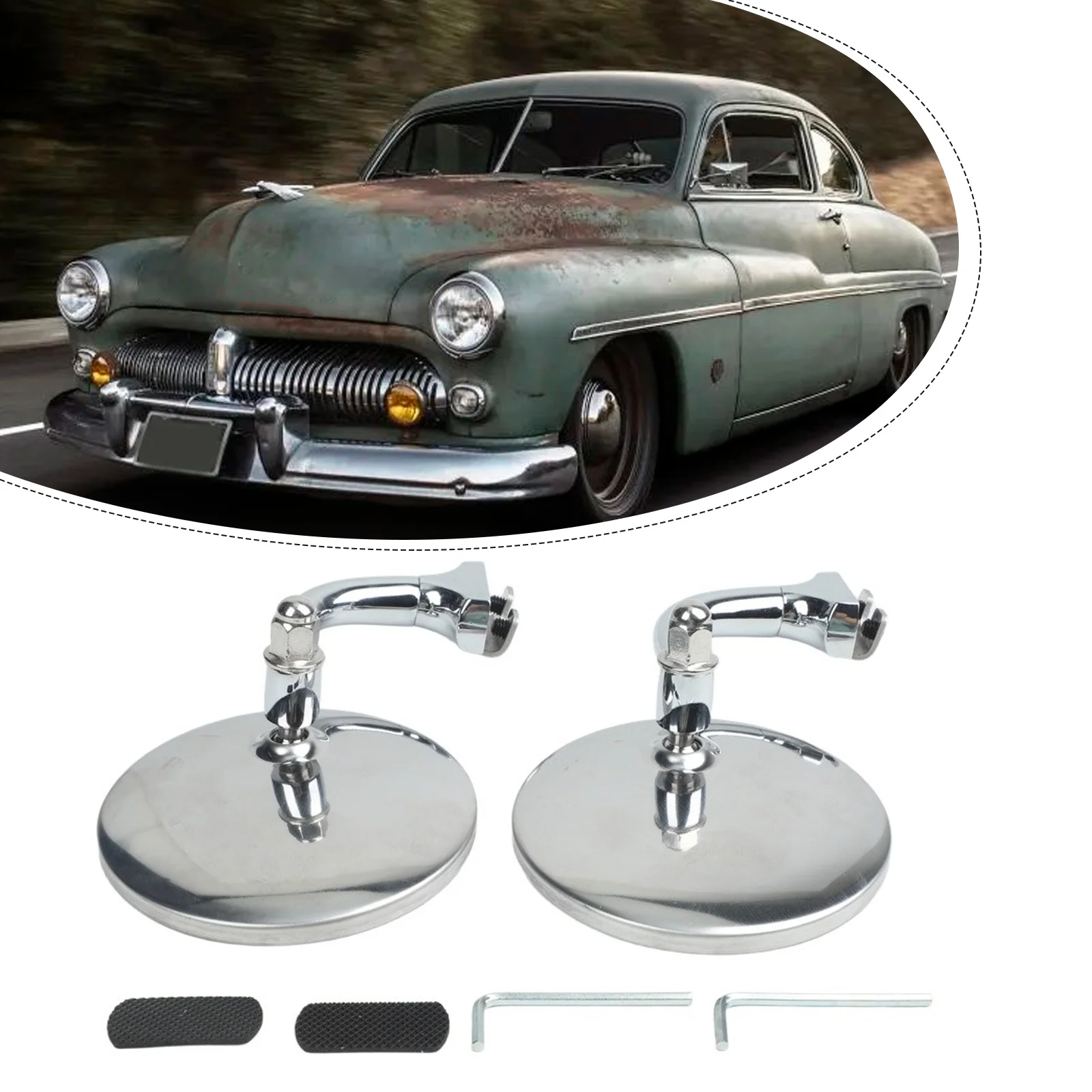 2PCS Classic Car Silver Round Side Mirror Stainless Steel Retro Classic Car Silver Round Side Mirror Replacement Exterior Parts