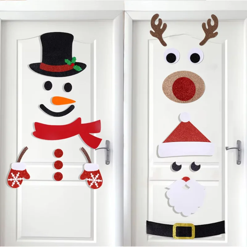 

Christmas Door Window Stickers Felt Cloth Cartoon Snowman Santa Claus Elk Wall Sticker For Winter Xmas Noel New Year Decor Decal