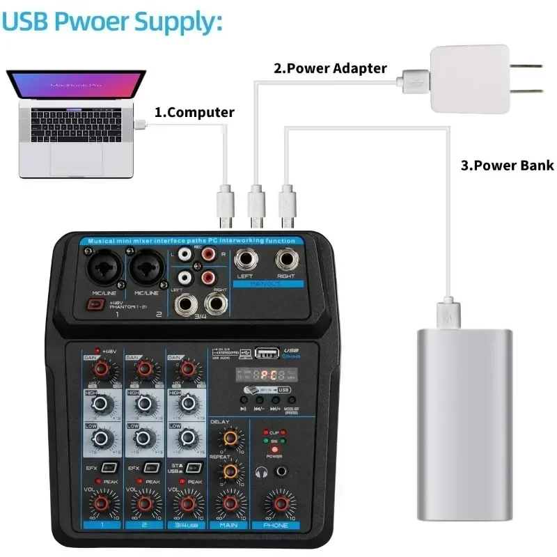 Mini 6 4 canais profissional portátil mixer console de mistura de som entrada do computador 48v número de energia ao vivo dj transmissão gravação áudio