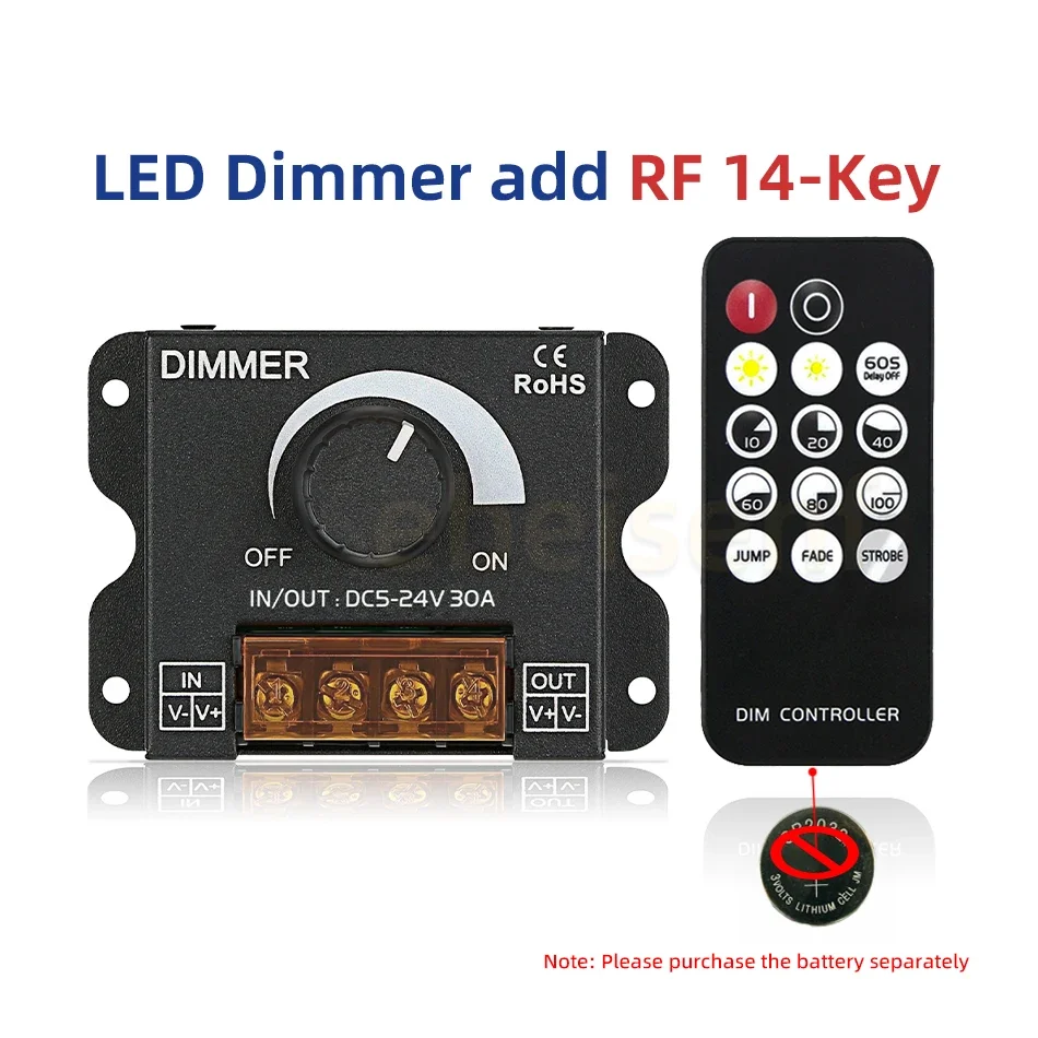 LED Knob Dimmer 30A High Power Adjustable Potentiometer Knob Dimming Switch Controller and RF Wireless Remote Control DC 12V 24V