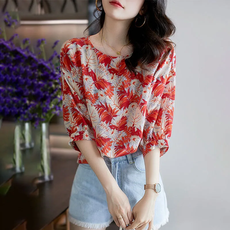 Casual Fashion O-Neck Chiffon Printing Shirt Summer Women\'s Clothing 2023 New Korean Female Loose Pullovers 3/4 Sleeve Blouses