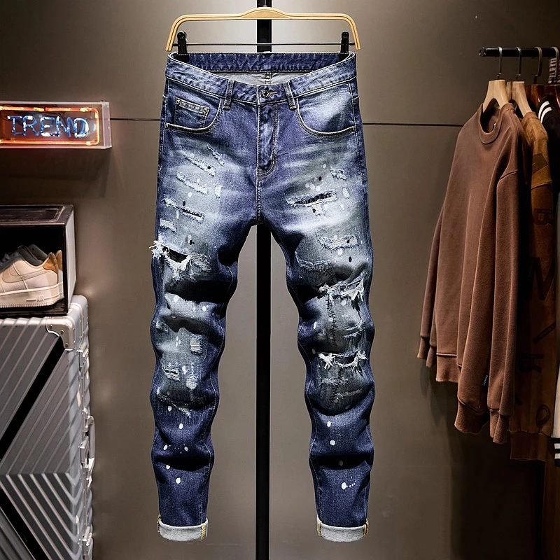 Fashionable new men's jeans, washed, nostalgic, elastic, slim fit, painted, perforated, retro blue jeans, Italian designer brand