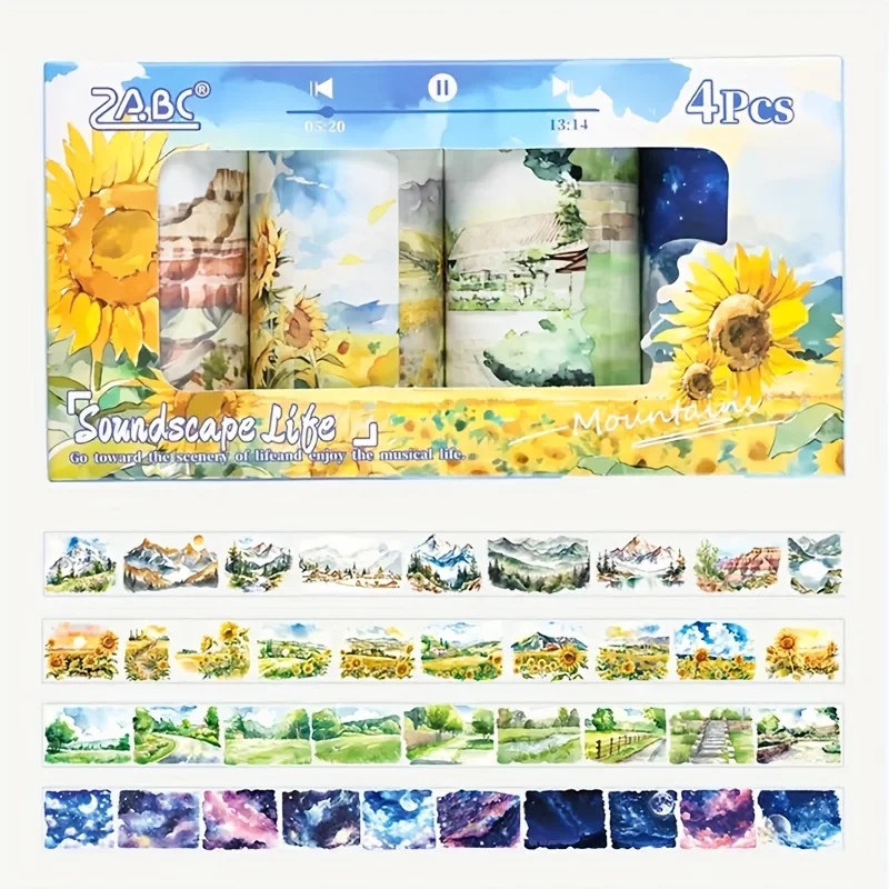 4Roll Landscape Pattern Decorative Tape，forDIYHandicrafts、Scrapbook and Diary - 3.15Inches Widex78.74Inches Long，Vivid Nature-In