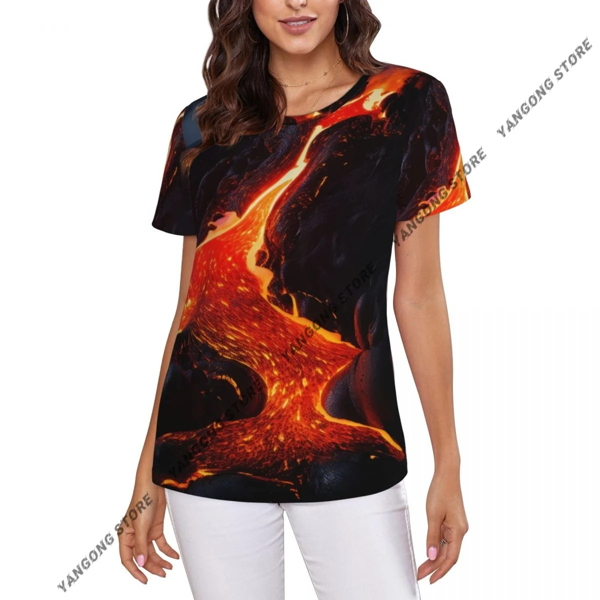 Women Short Sleeve Top Volcano Lava Captures The Molten Rock T-shirt Fashion Summer Female Tops Loose Round Neck T Shirt