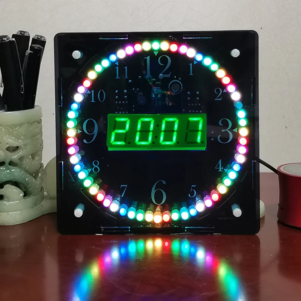 diy electronic clock kit RGB colorful LED green digital tube temperature remote control music spectrum 12/24H with shell