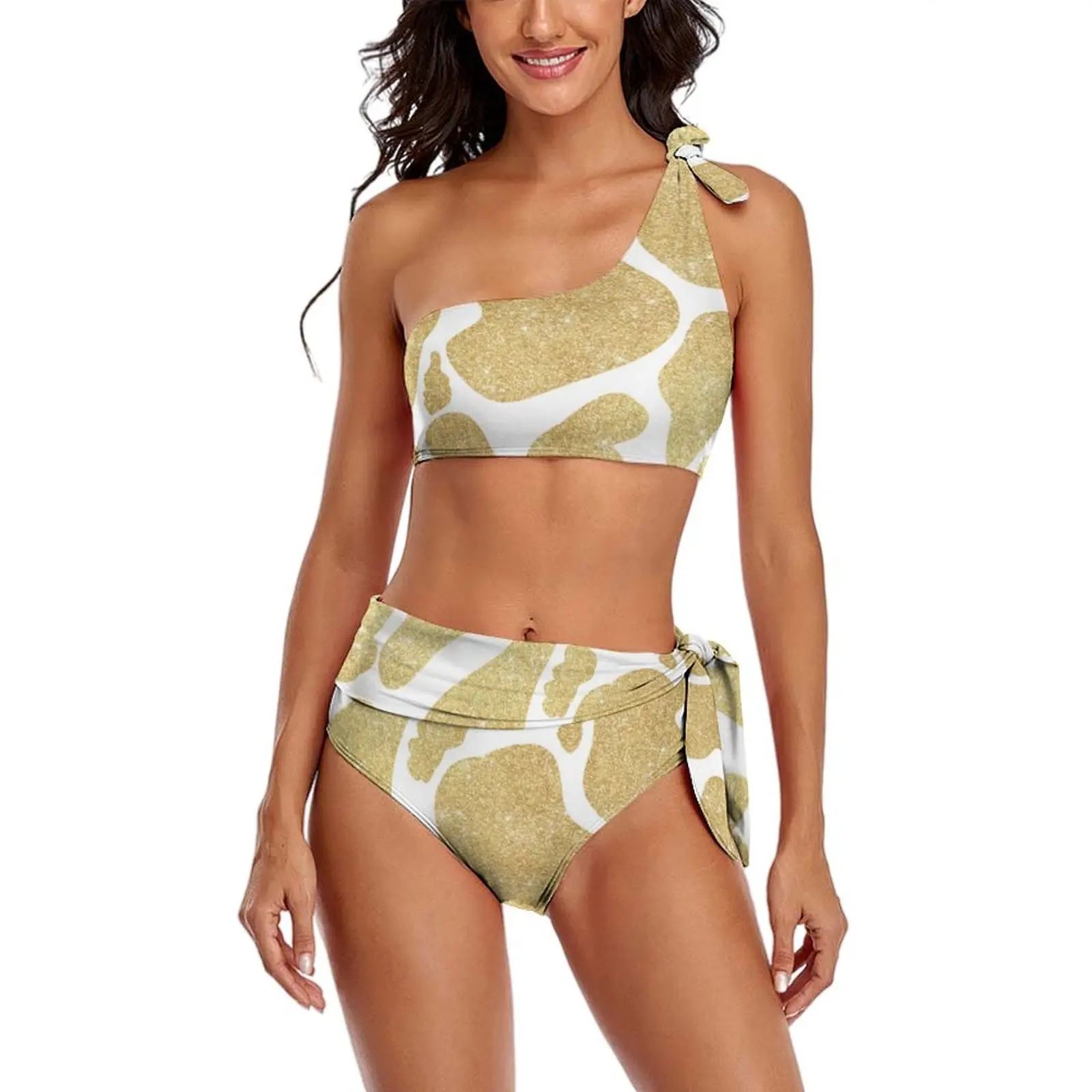 

Sexy Gold White Cow Print Bikini Swimsuit Glitter Cow Spots Swimwear High Waist Aesthetic Bikini Set Push Up Biquinis
