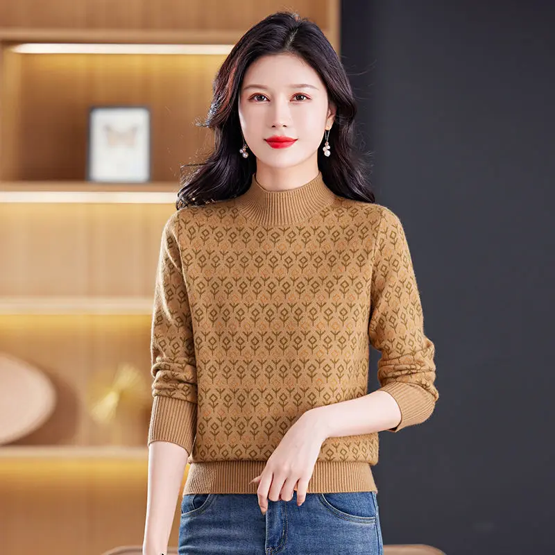 Women\'s Half High Collar Woollen Sweater Autumn Winter Thick Jacquard Loose Knit Pullovers Simple Casual Fashion Knitwear