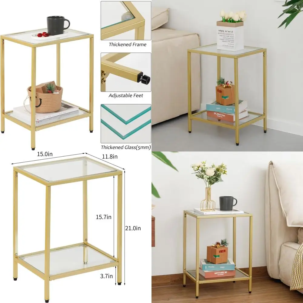 

Элегантный золотой двухуровневый стеклянный приставной столик - компактный черный металлический акцентный столик для гостиной и спальни (комплект из 2 штук)