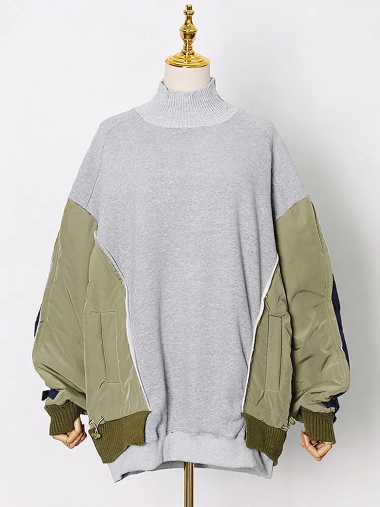 BPN Hit Color Patchwork Drawstring Sweatshirts For Women Turtleneck Long Sleeve Pullover Casual Loose Sweatshirt Female Clothing