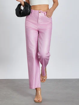 wsevypo Metallic-glänzende Hose mit geradem Bein, Damenmode, hohe Taille, Button-Down-Disco-Hose, lässige Straße, schmale Hose