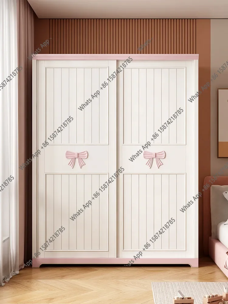 N64 Children's room sliding door wardrobe with top cabinet two-door wardrobe pink girl bedroom sliding door combination cloakroo