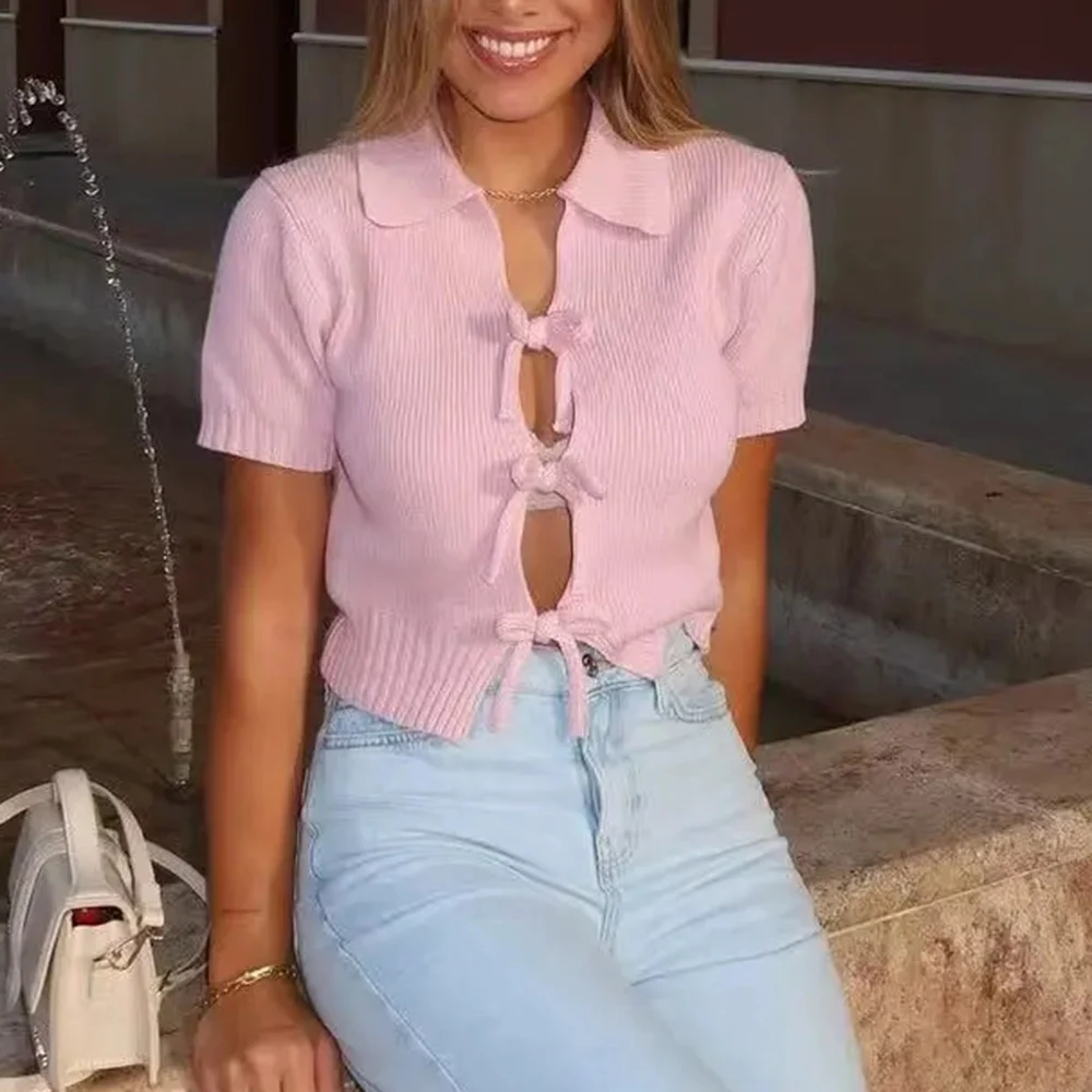 TWOTWINSTYLE Solid Spliced Lace Up Slimming T Shirt for Women Lapel Short Sleeve Temperament T Shirts Female Fashion