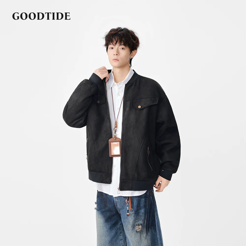 

2025 New Men's Casual Full Zip Bomber Jacket Distressed Pattern and Pocket Detail Fashion Autumn Winter Daily Wear Outerwear Top